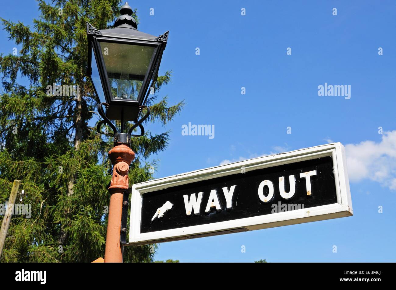 Old Retro way out sign attached to a lamppost, Severn Valley Railway, Arley, Worcestershire, England, UK, Western Europe. Stock Photo