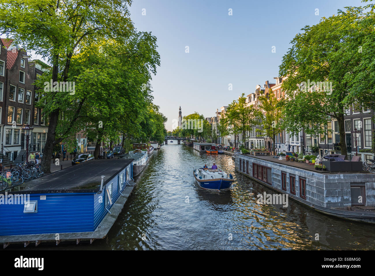 Amsterdam Prinsengracht with view on the Westerkerk at a beautiful summer day Stock Photo