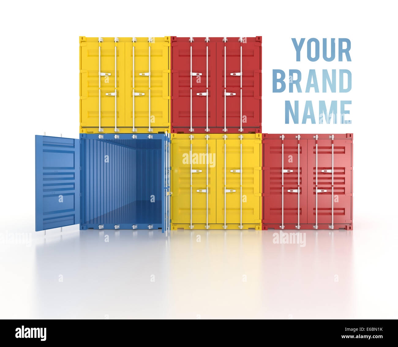 Your brand name Set of red blue and yellow metal freight shipping containers on white background - photorealistic 3d perspective Stock Photo