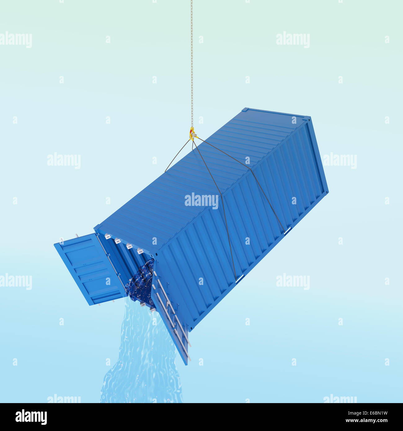 Import consumption problem concept - blue metal freight shipping container on the hook with water throw inside - photorealistic Stock Photo
