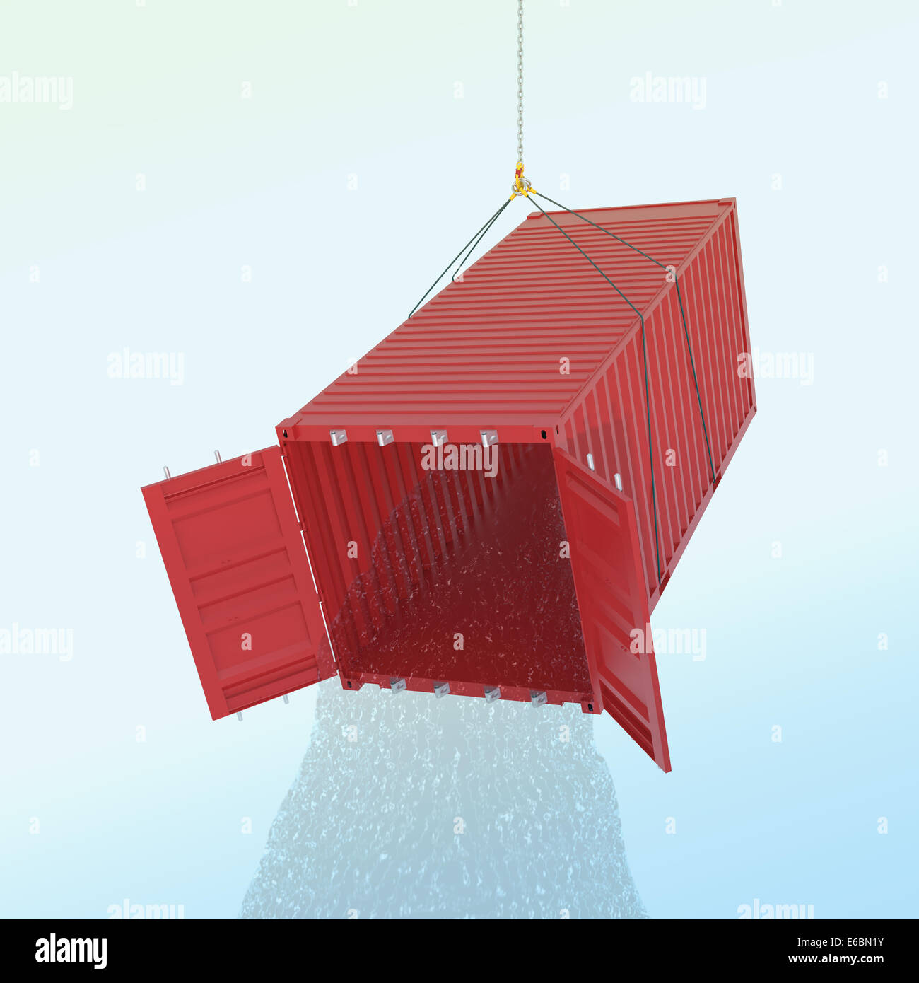 Import consumption problem concept - red metal freight shipping container on the hook with water throw fro inside - photorealism Stock Photo