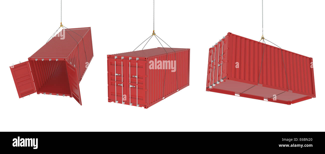 Set of metal freight shipping containers on the hooks in different
