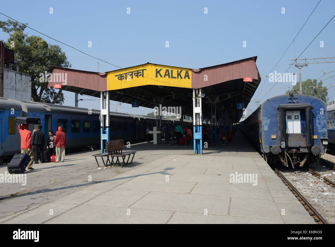 Kalka railway station where tourists change from the Delhi train to  the mountain train, heading for Shimla in the Himalayan Foothills in northern Ind Stock Photo