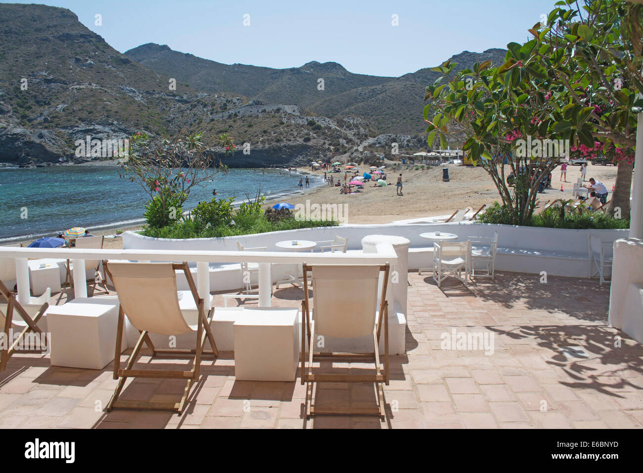 Bar and Restaurant at Cala Reona Beach on the Mediterranean coastline of Costa Calida, East Coast of Spain Stock Photo
