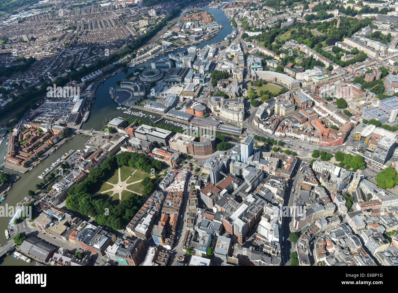 An aerial view of Bristol City Centre, mainly the area around Queen Square and the waterfront Stock Photo