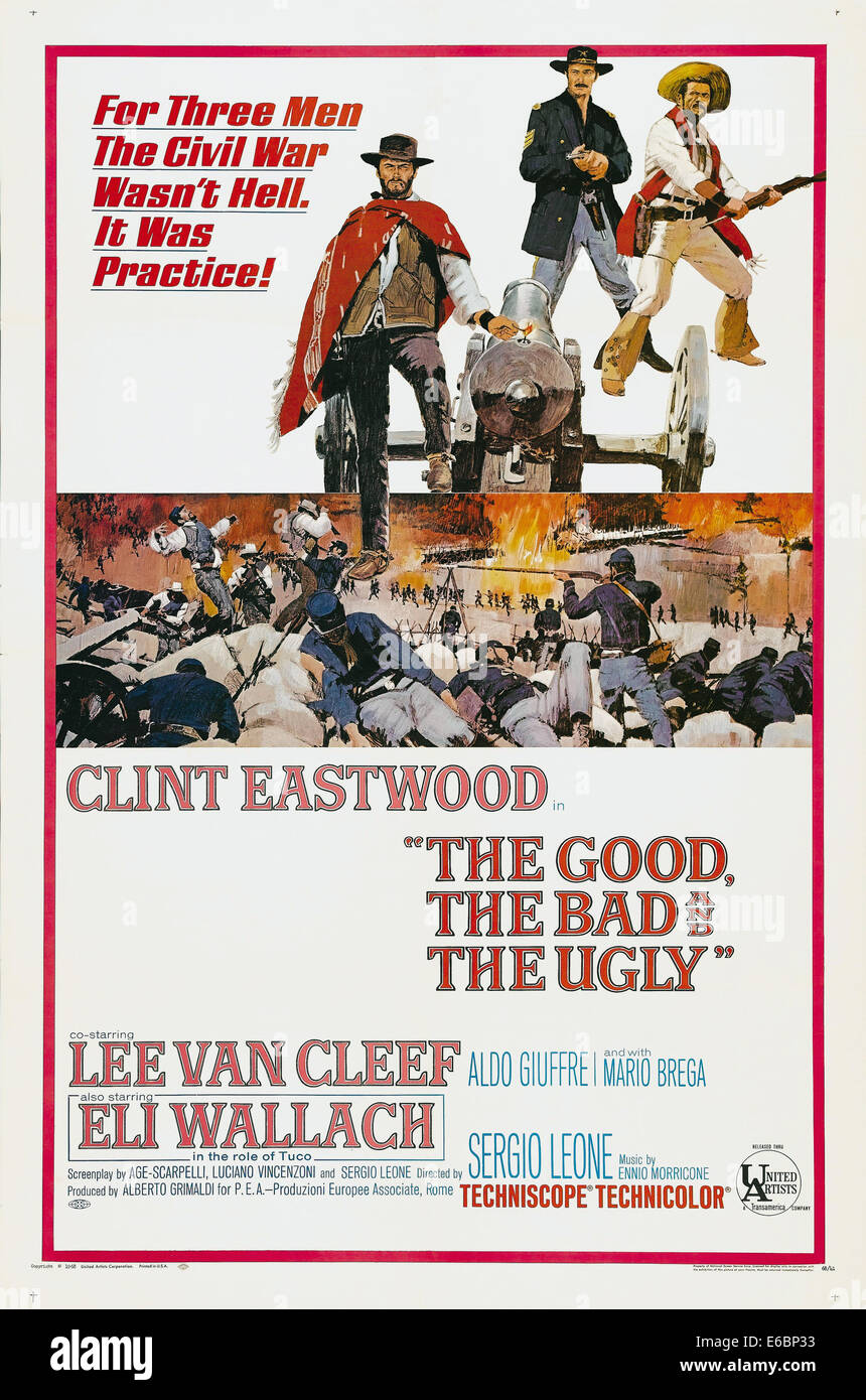 Theatrical Poster for 'The Good, the Bad and the Ugly ' film directed by Sergio Leone, released in Italy in 1966. Photograph of US one sheet poster for the films US release in May 1968. ***EDITORIAL USE ONLY*** Credit: BFA / United Artists Stock Photo