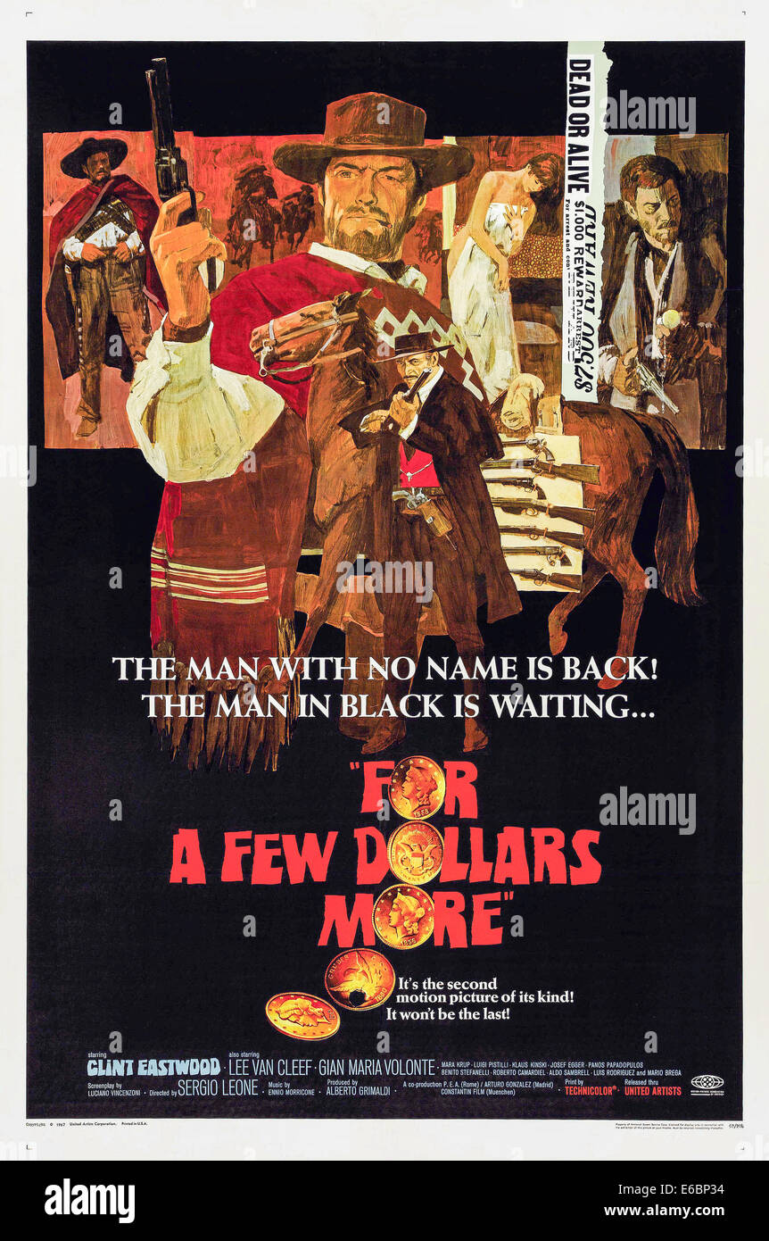 Theatrical Poster for 'For a Few Dollars More ' film directed by Sergio Leone. See description for further information. Stock Photo