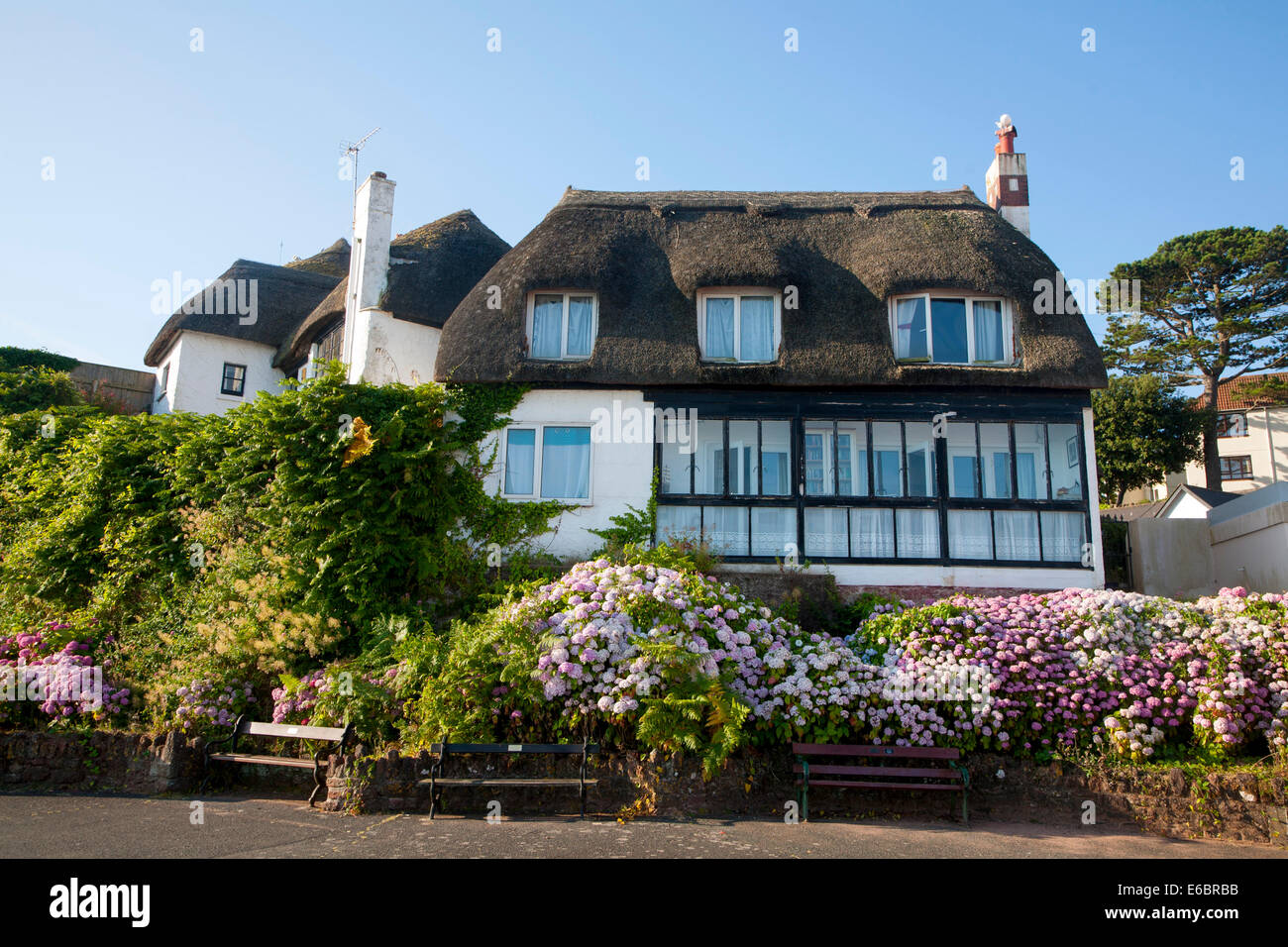 Thatched historic houses on the seafront at Paignton, Devon, England