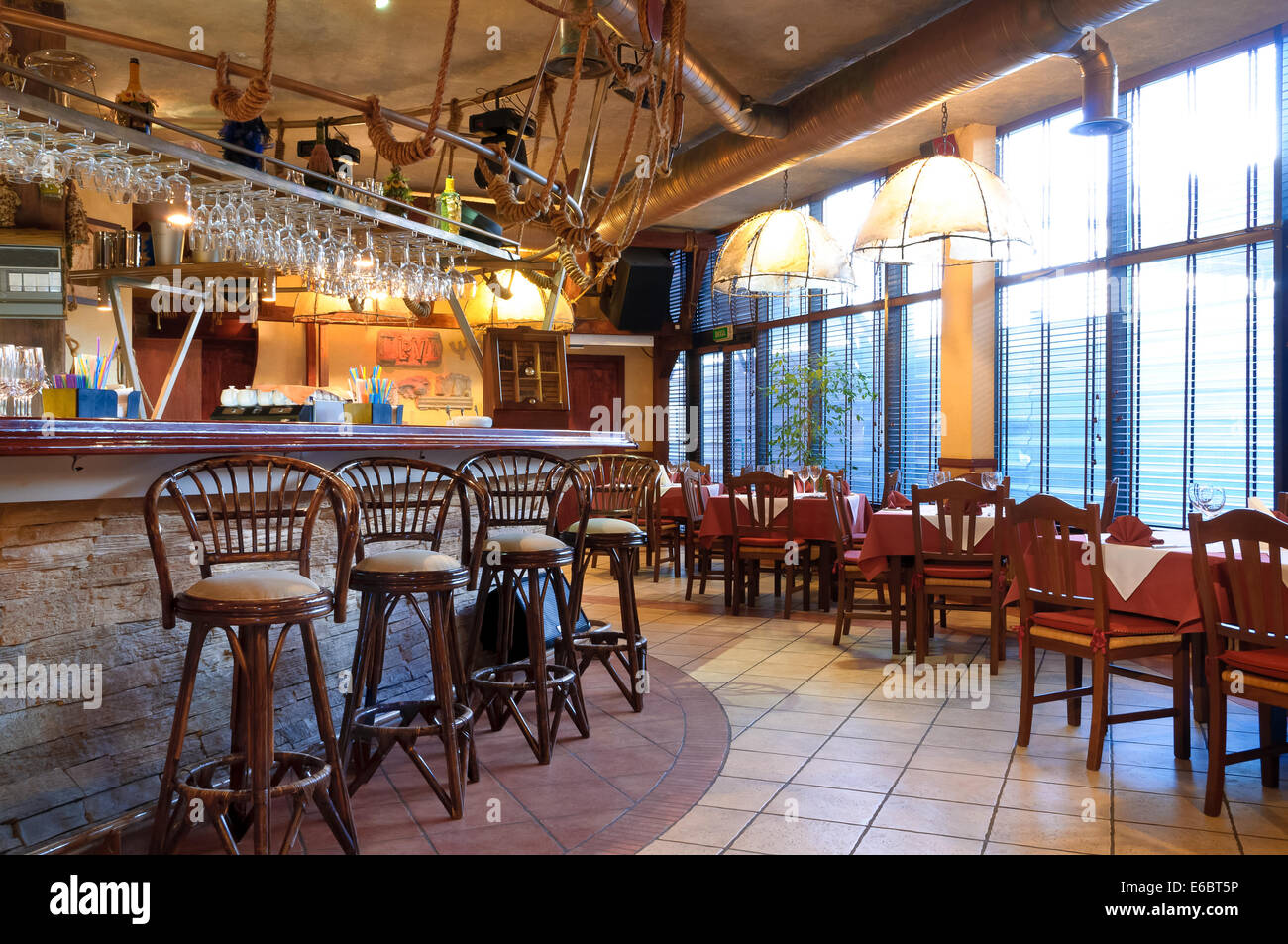 Italian restaurant with a traditional interior Stock Photo