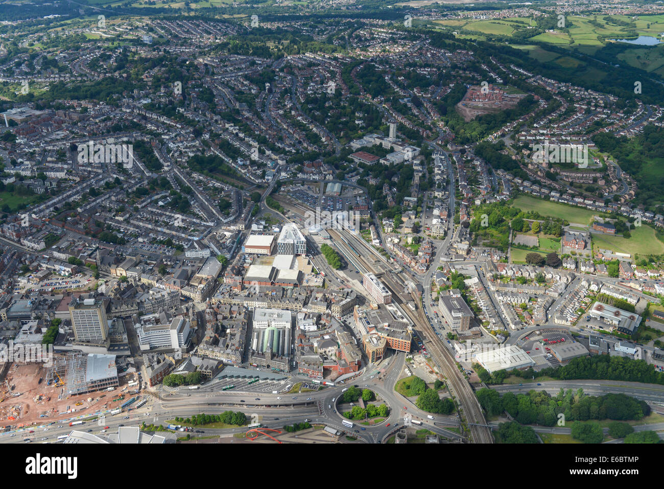 An aerial view of the City Centre of Newport in South Wales showing the area around the railway station Stock Photo