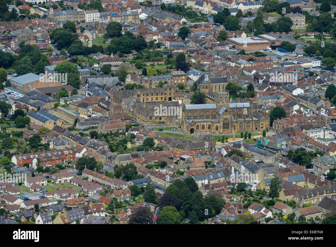 An aerial view showing Sherborne Abbey and the immediate surroundings. Dorset, United Kingdom Stock Photo