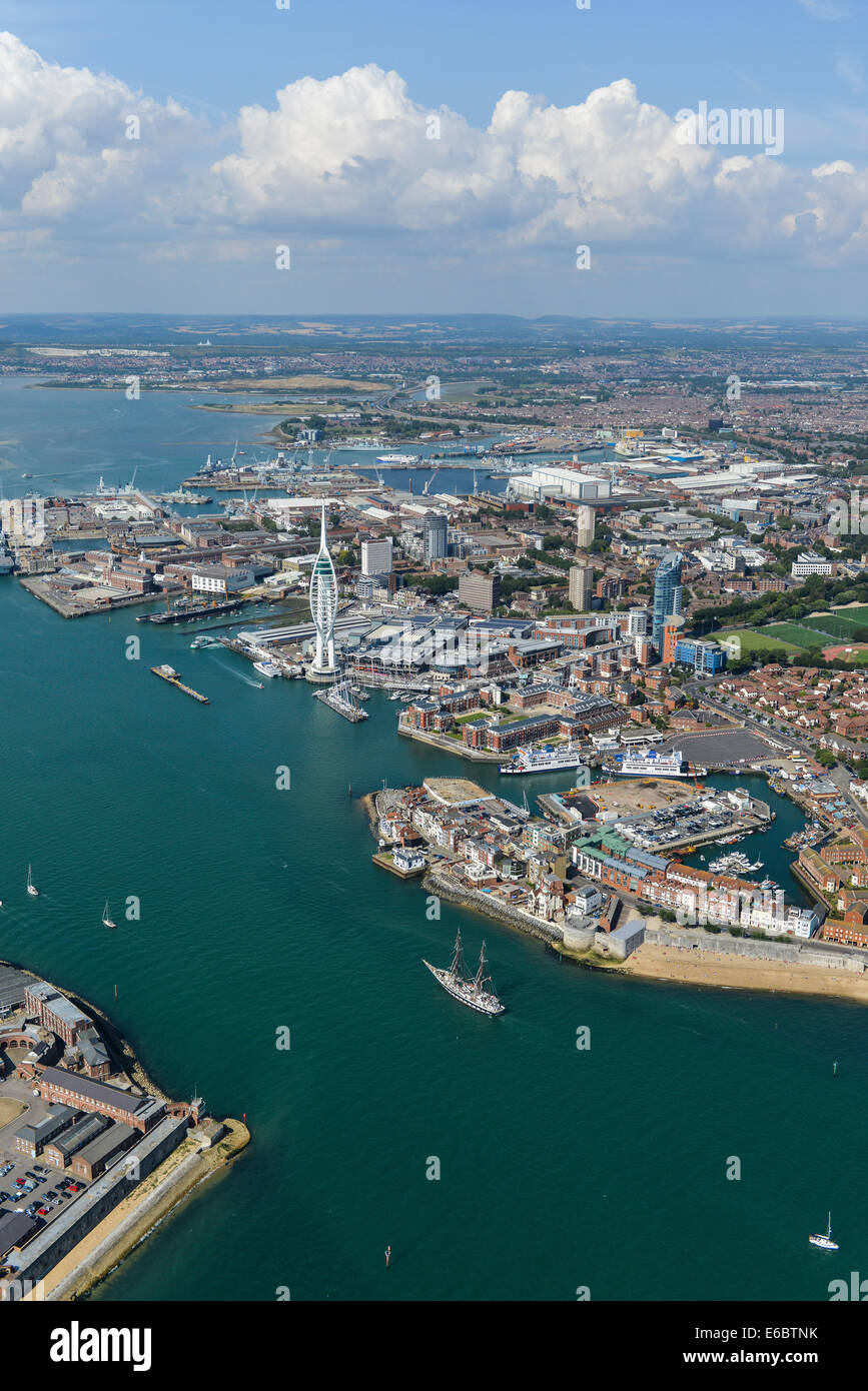 An aerial view of a sunny Portsmouth with the Spinnaker Tower, Portsmouth Harbour and Gunwharf Quays visible. Stock Photo