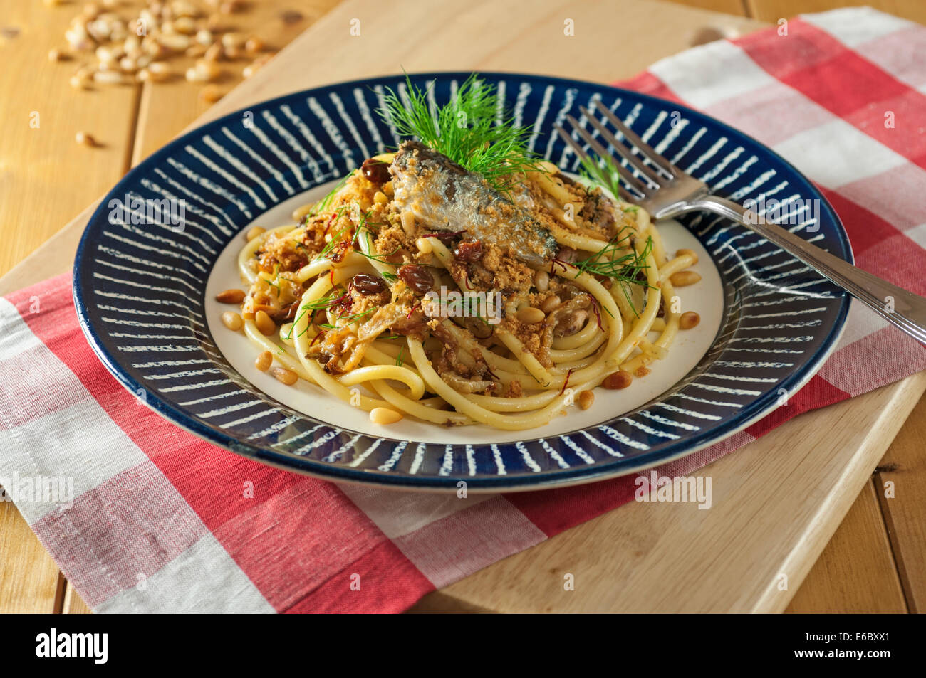 Pasta con le sarde. Bucatini with sardines and fennel. Stock Photo