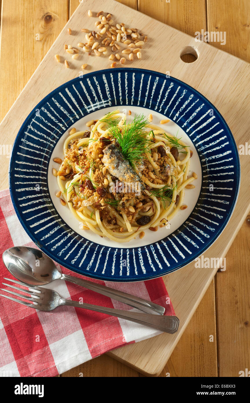 Pasta con le sarde. Bucatini with sardines and fennel. Stock Photo