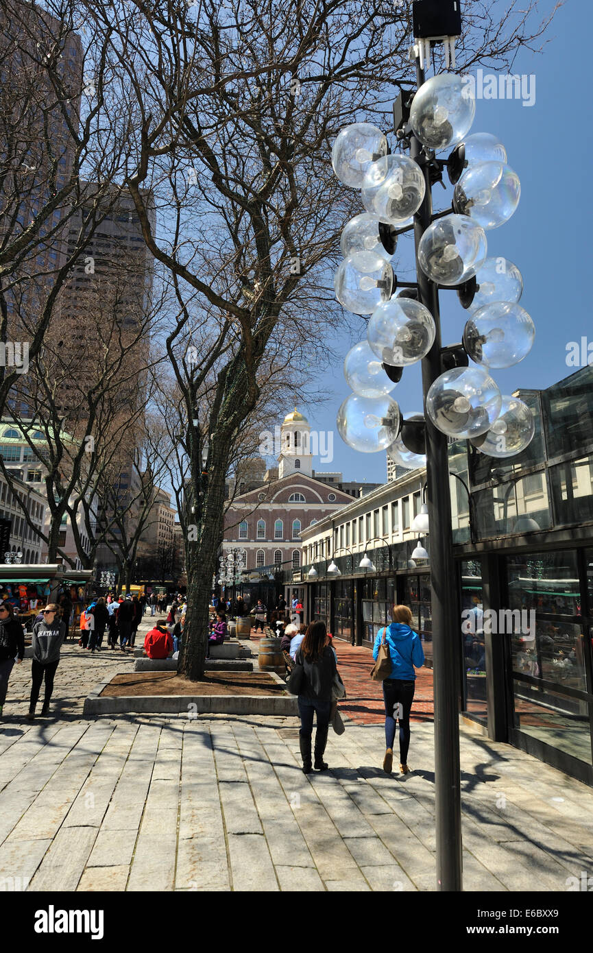 Looking West along South Market Street, Faneuil Hall in the background, Quincy Market to the right. Boston, Massachusetts Stock Photo