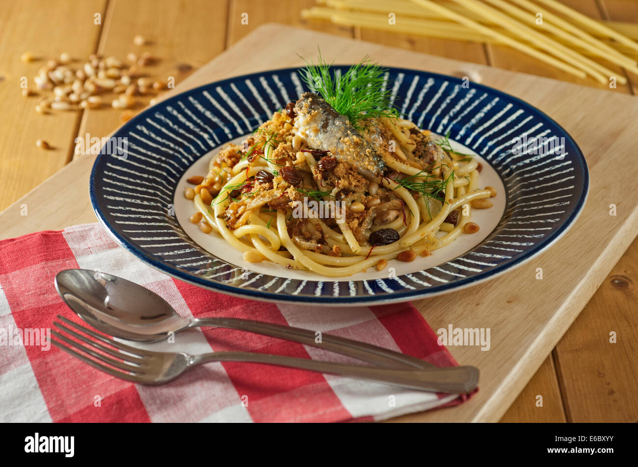 Pasta con le sarde. Bucatini with sardines and fennel. Stock Photo