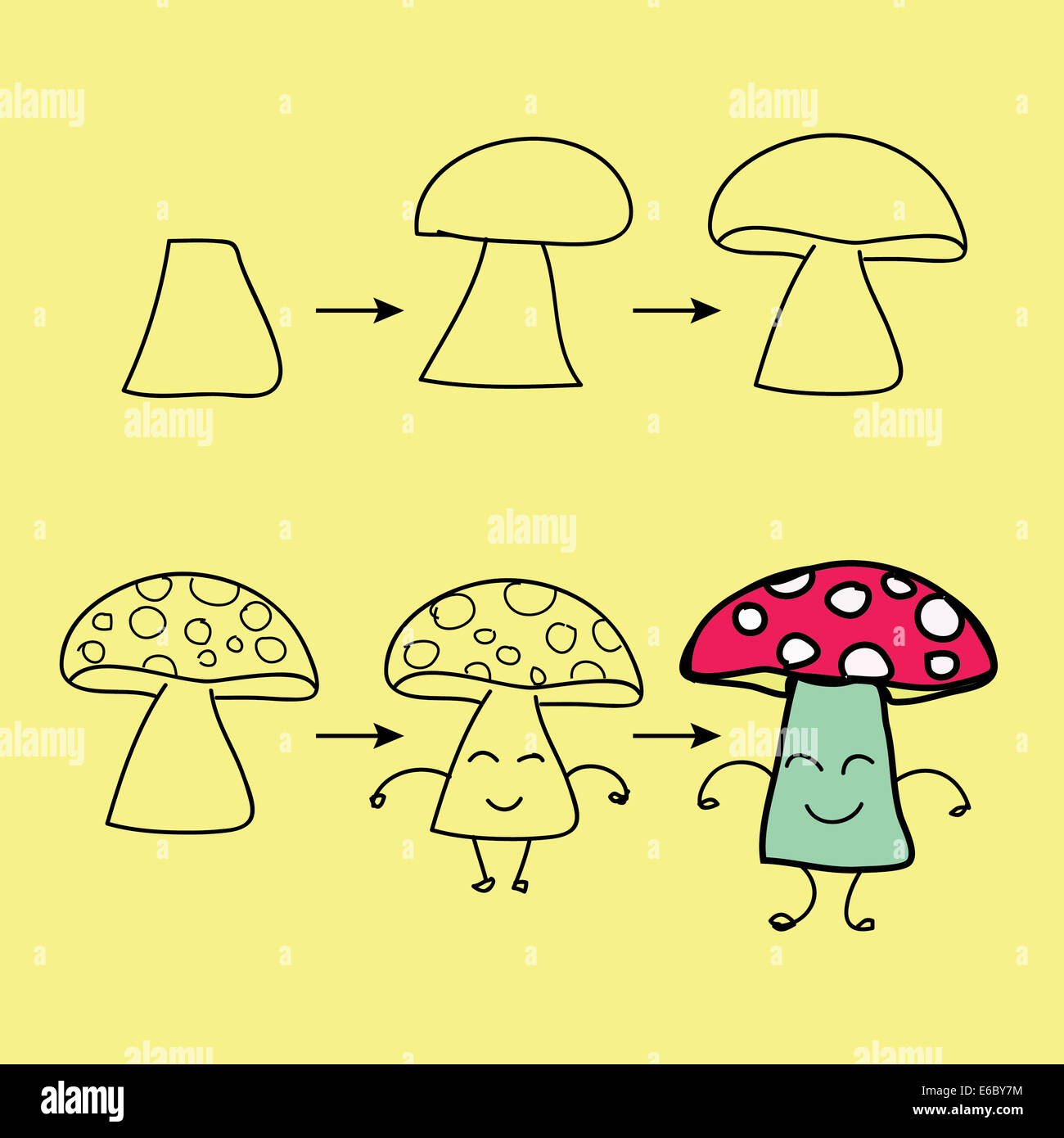 The step order to draw a smile mushroom Stock Photo
