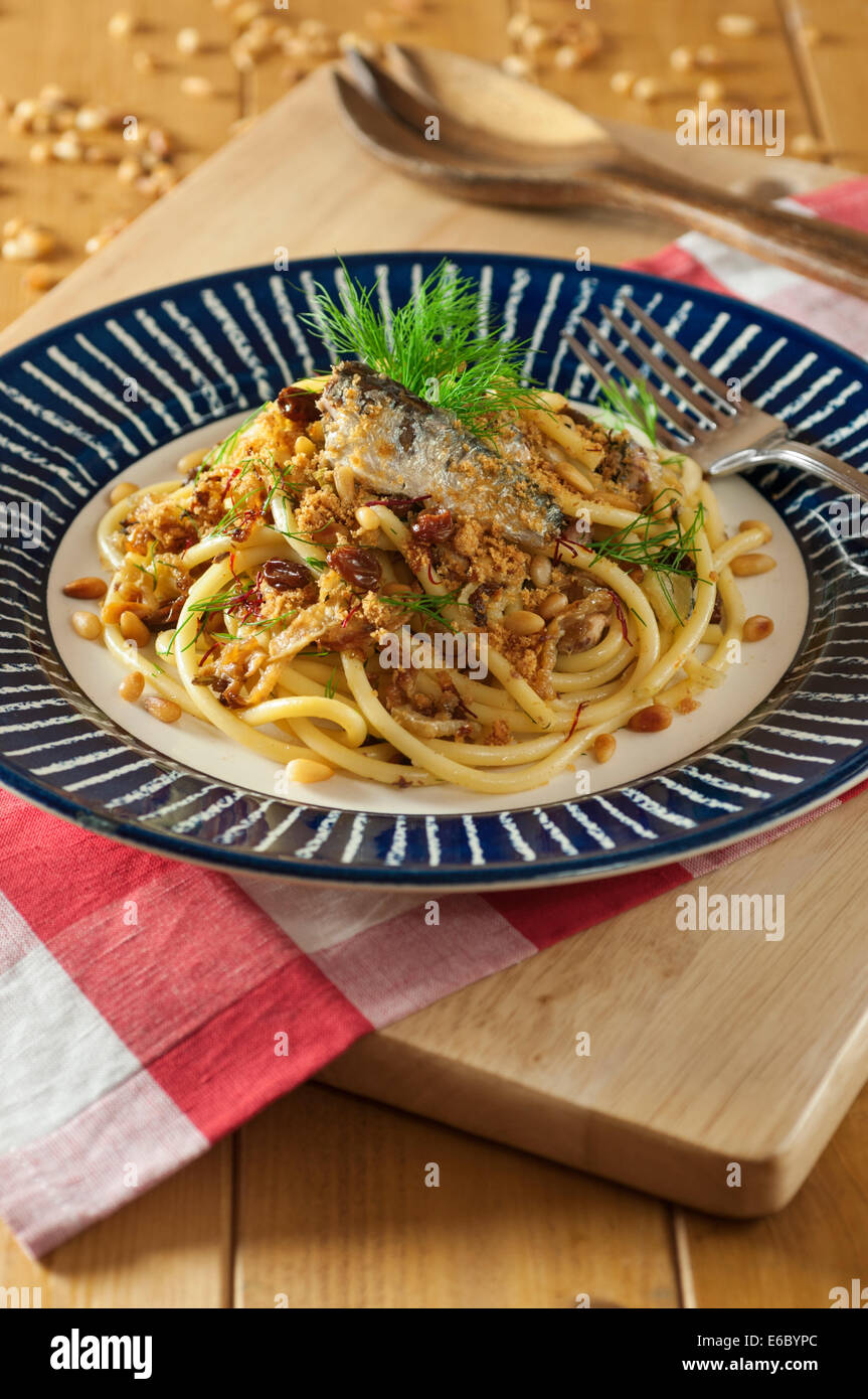 Pasta con le sarde. Bucatini with sardines and fennel. Stock Photo