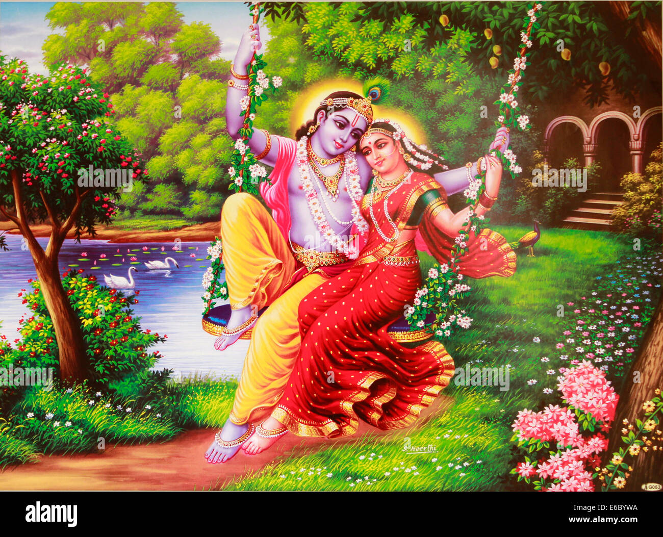 Painting of hindu god Krishna and Radha on a swing Stock Photo