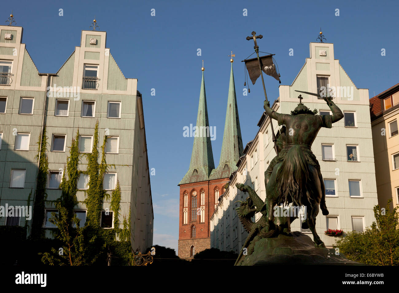 St George the dragon-slayer and Nicholas' Church,  Nikolaiviertel or Nicholas' Quarter in Berlin, Germany, Europe Stock Photo