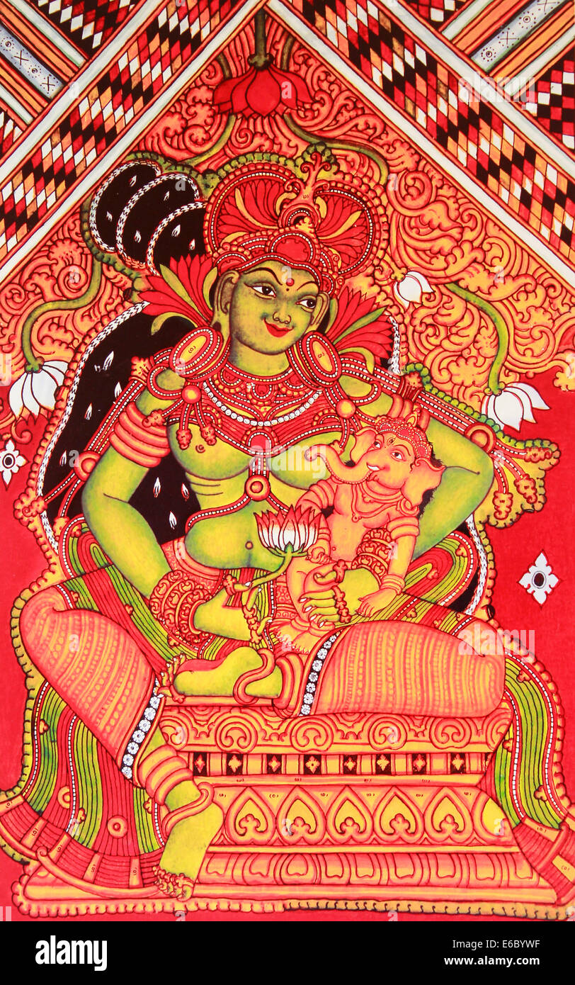 Mural painting of Hindu goddess Parvati with her son ganesha Stock Photo