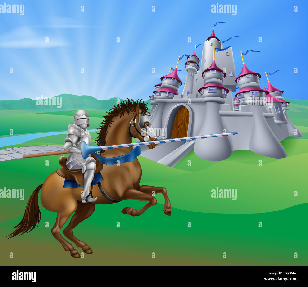 An illustration of a jousting knight with lance on his horse and a fantasy fairytale medieval castle in a landscape of a field o Stock Photo