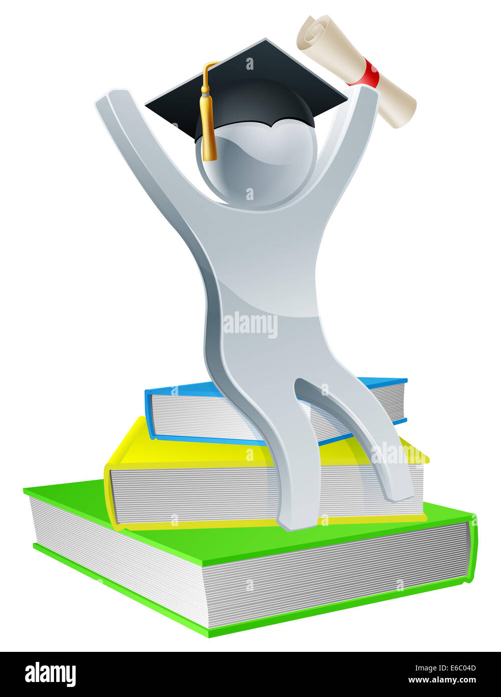 Graduation person on books holding diploma scroll and wearing mortar