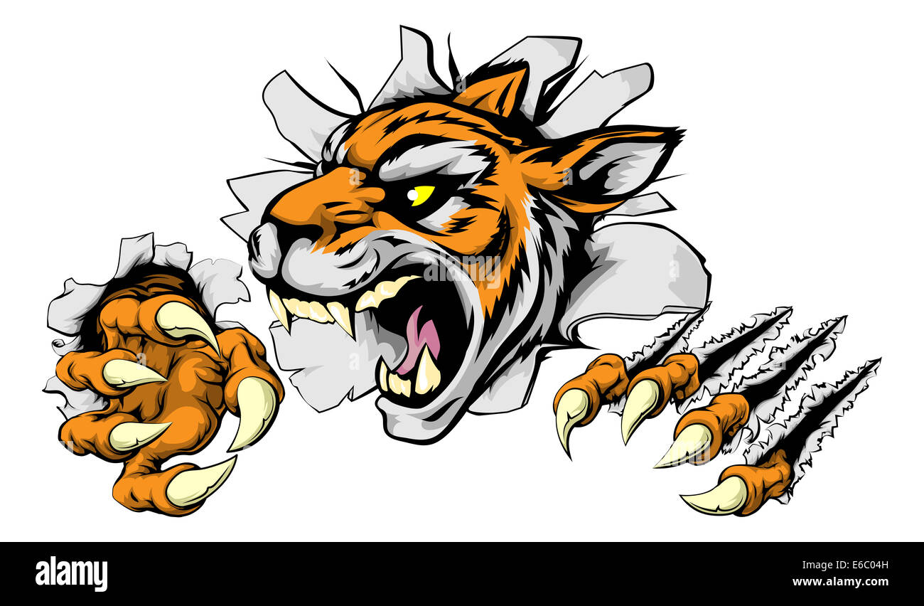 An illustration of a snarling tiger head bursting through a wall Stock Photo