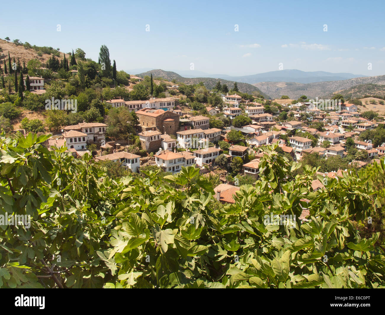 view over  the turkish village of sirince in izmir province on a sunny day with fig tree in foreground Stock Photo