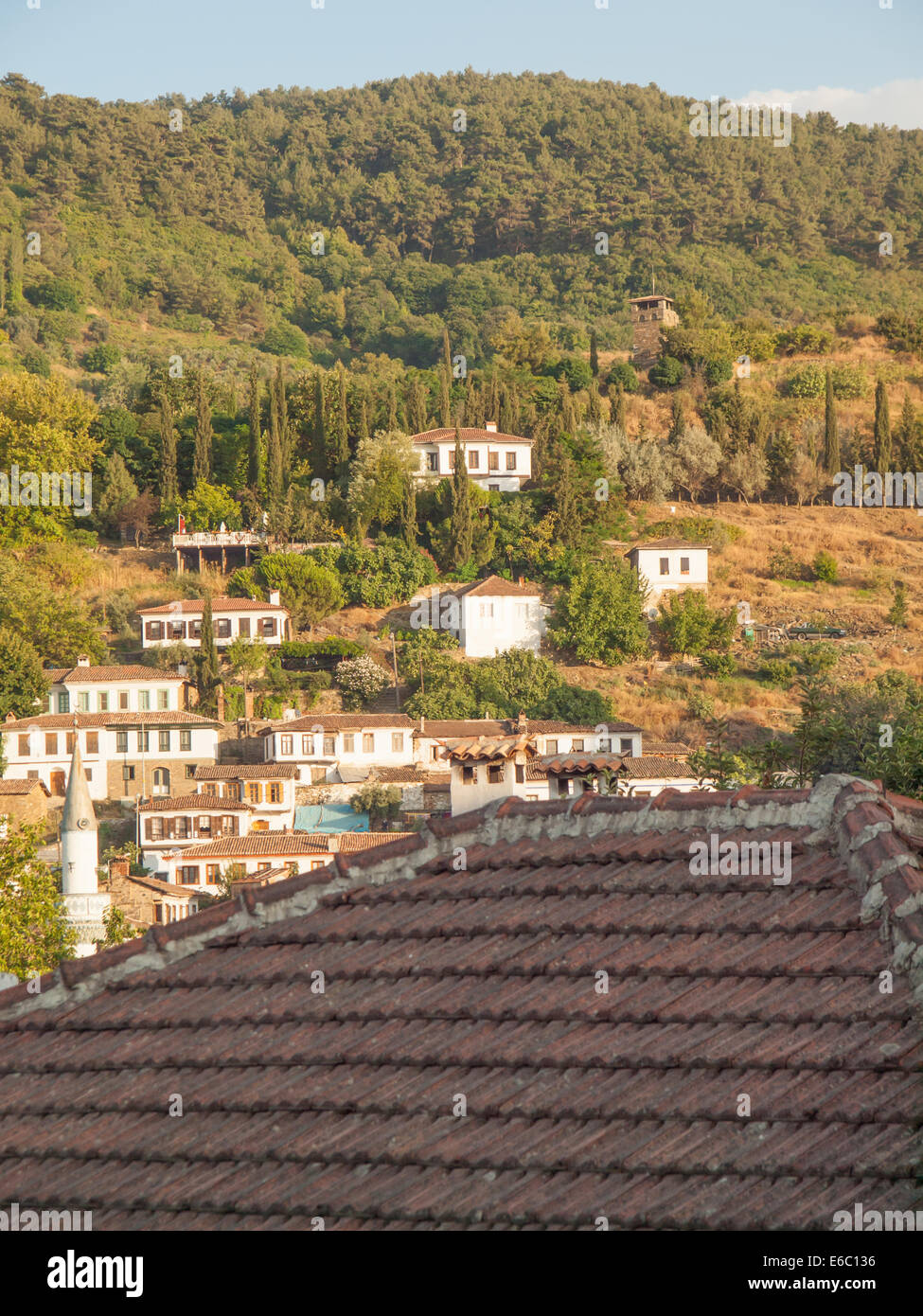 view of  the turkish hillside village of sirince in izmir province with red tiled roof in foreground Stock Photo