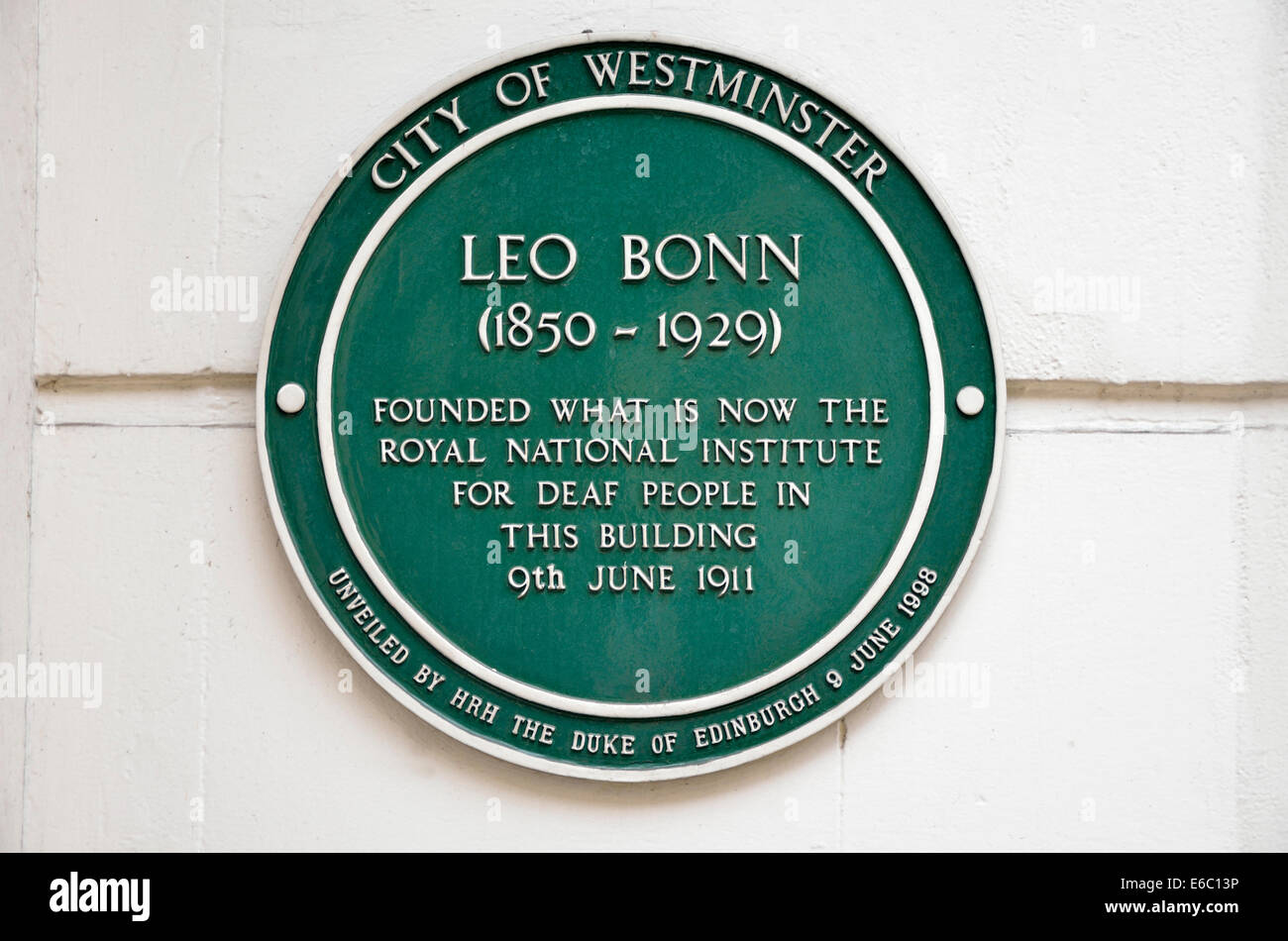 London, England, UK. Commemorative Plaque for Leo Bonn (1850-1929) founded the Royal National Institute for the Deaf in this bui Stock Photo