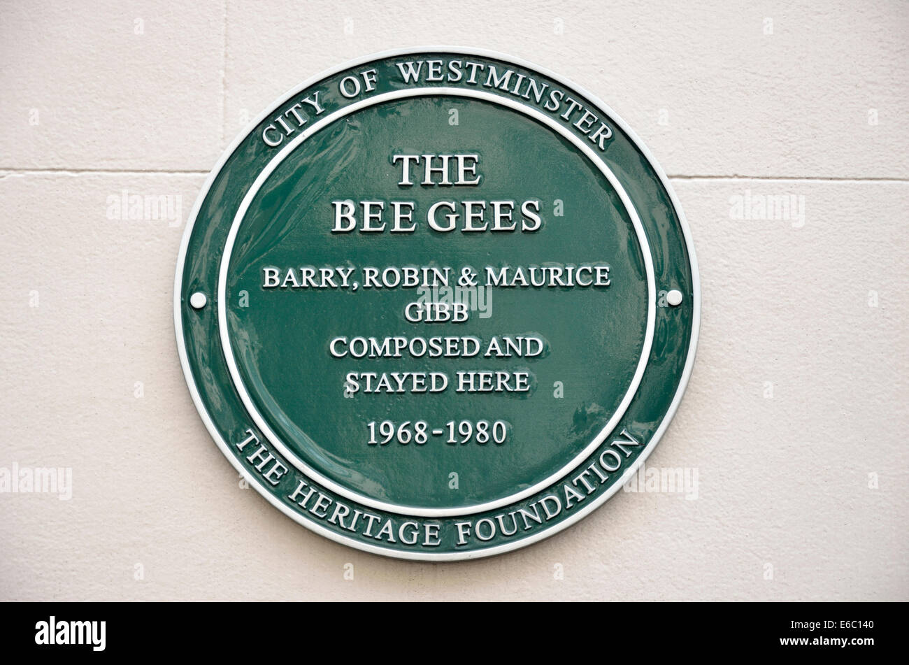 London, England, UK. Commemorative Plaque for The Bee Gees (Barry, Robin and Maurice Gibb) stayed and wrote songs here Stock Photo