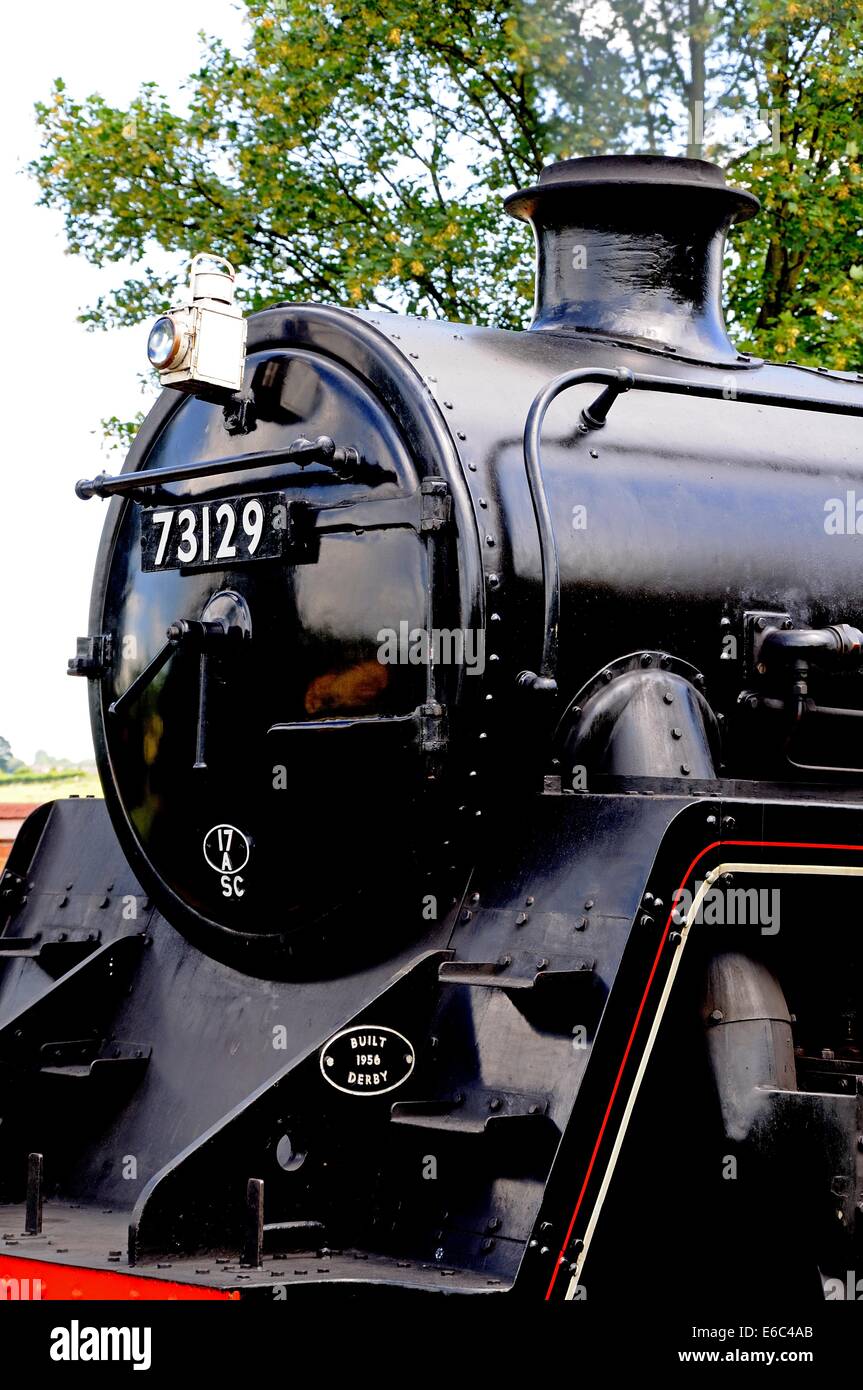 Steam Locomotive British Rail Standard Class 5 4-6-0 number 73129 in British Rail Black showing the smoke box door on the front, Stock Photo