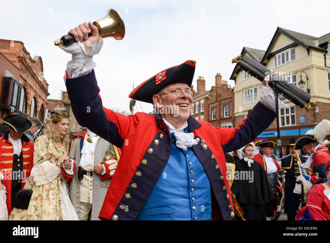 Chester, UK. 20th August, 2014. David Mitchell Town Crier for Chester and the organiser of The World Town Crier Tournament being held outside the Town Hall in Chester City Centre UK Credit:  Andrew Paterson/Alamy Live News Stock Photo
