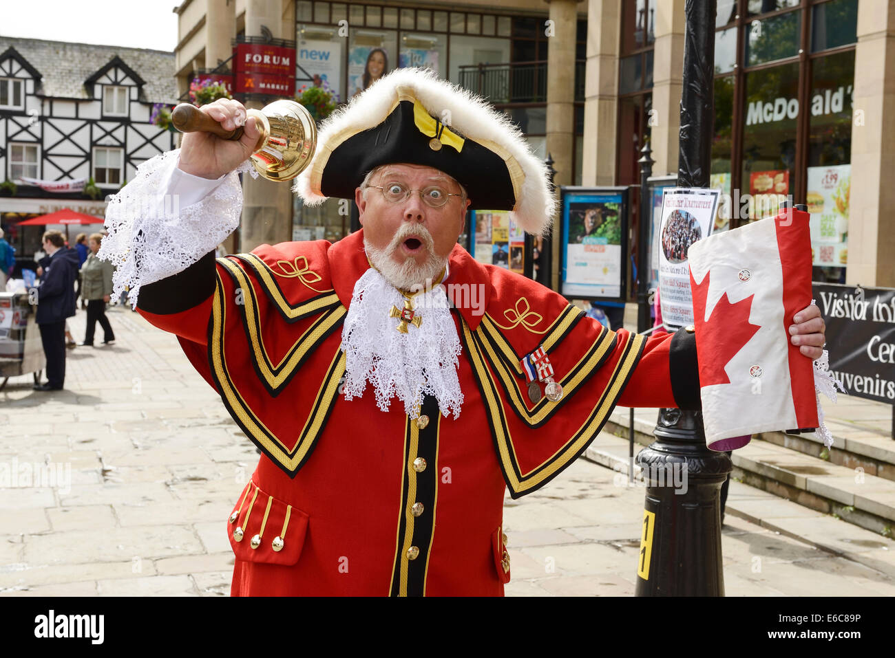 Chester, UK. 20th August, 2014. Chris Whyman Town Crier for the City of Kingston Ontario Canada at The World Town Crier Tournament being held outside the Town Hall in Chester City Centre UK Credit:  Andrew Paterson/Alamy Live News Stock Photo