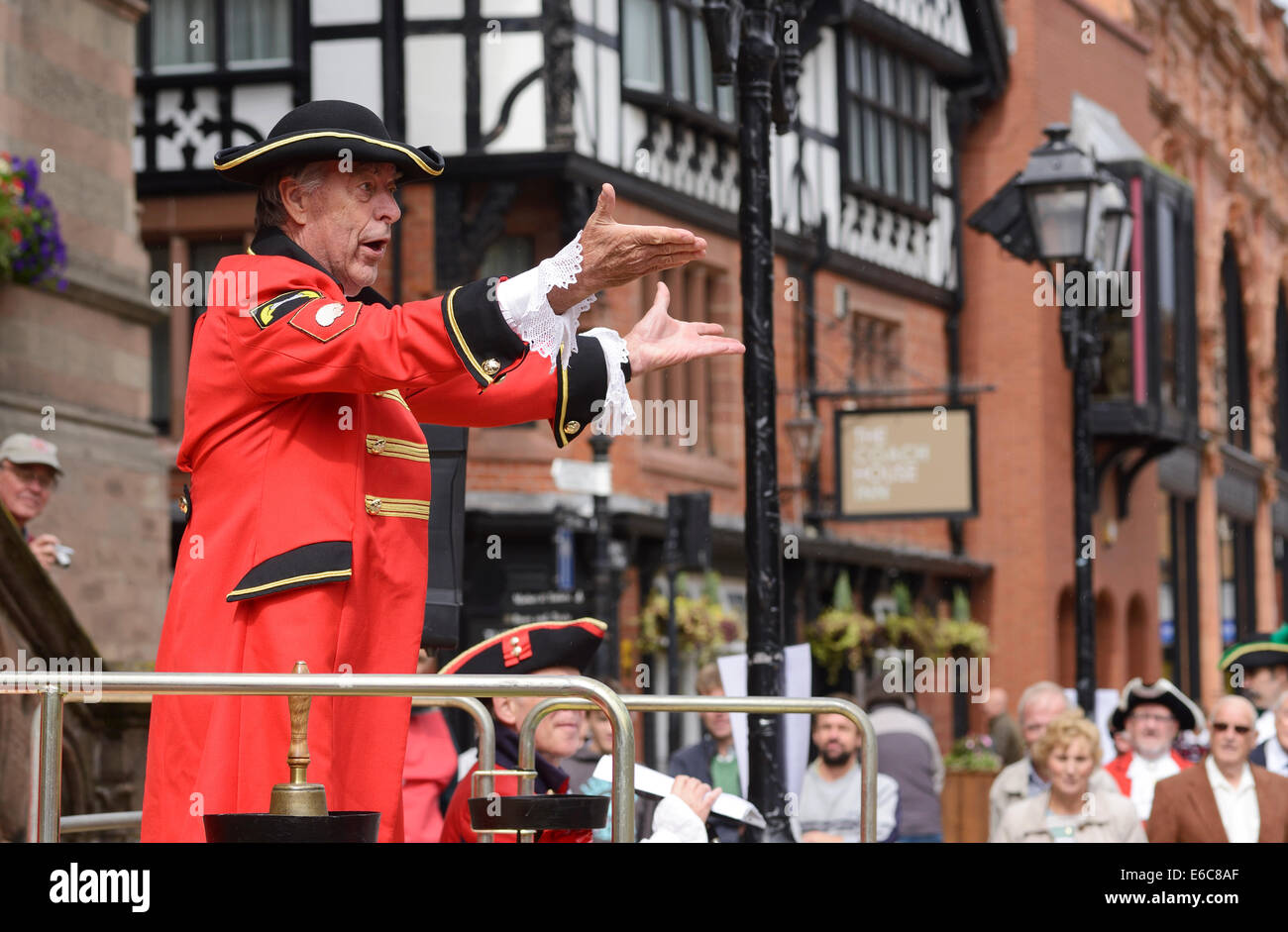 Chester, UK. 20th August, 2014. Robin Whicker Town Crier for Alderney in the Channel Islands at The World Town Crier Tournament being held outside the Town Hall in Chester City Centre UK Credit:  Andrew Paterson/Alamy Live News Stock Photo