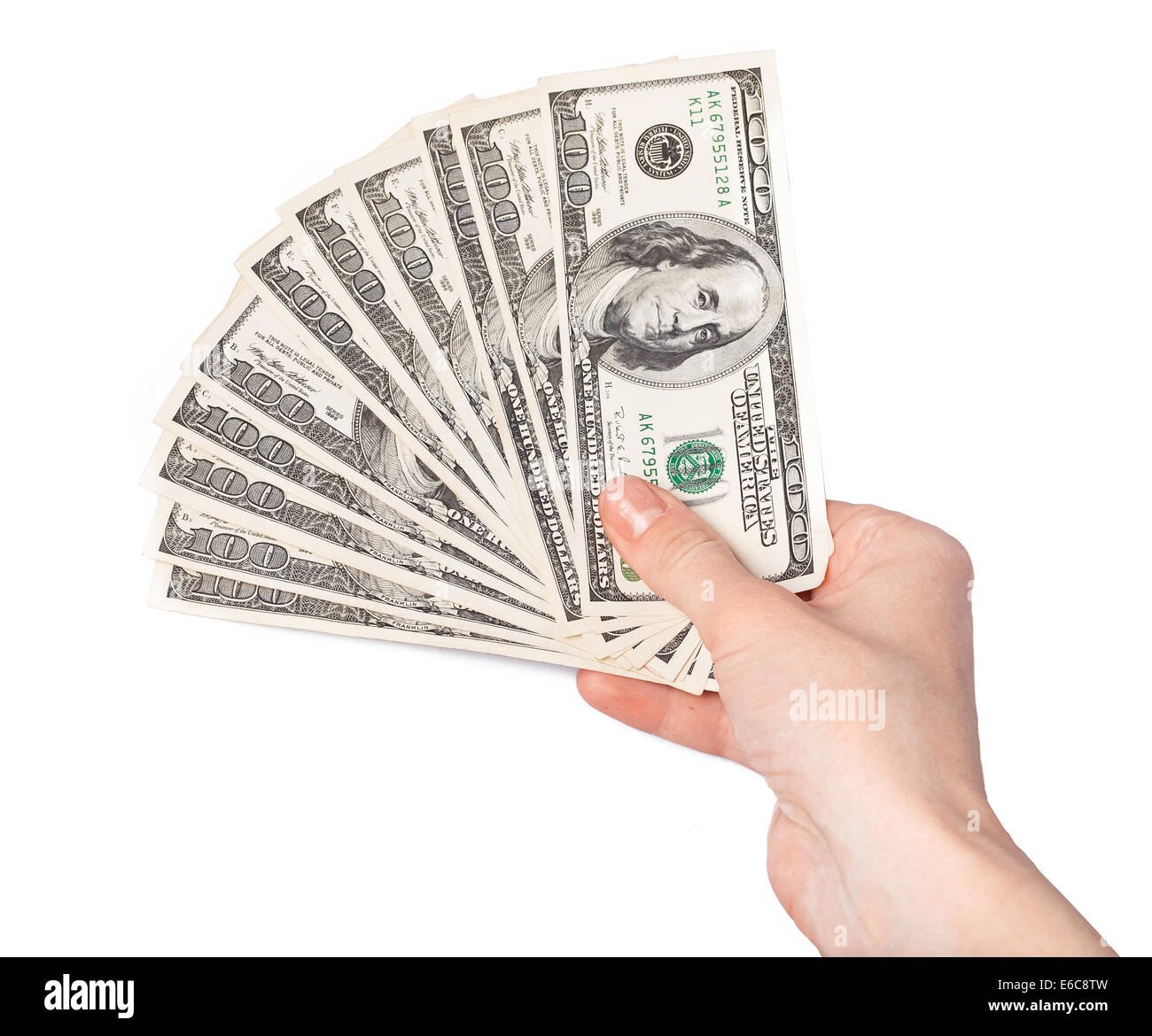Hand giving dollars banknotes isolated on the white background Stock Photo