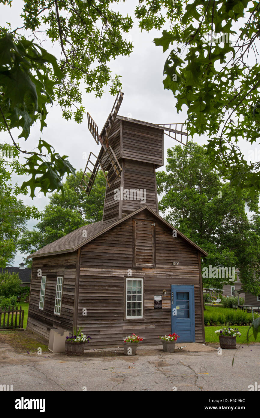 Amana, Iowa - The Windmill House at the formerly communal Amana Colonies, established by German immigrants in 1855. Stock Photo
