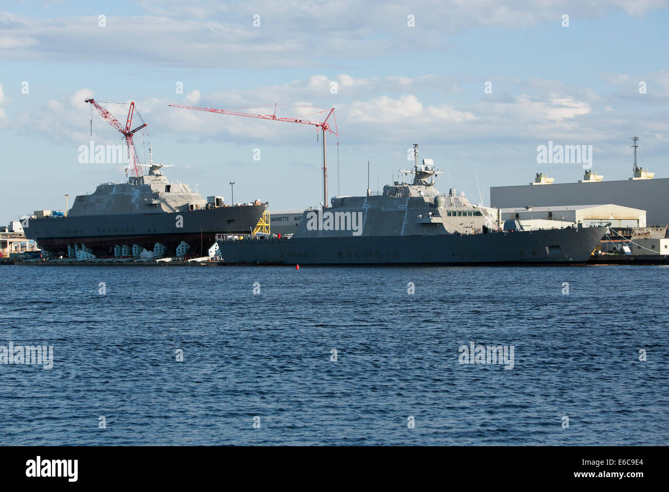 United States Navy Littoral Combat Ships under construction at Marinette Marine Corporation in Marinette, Wisconsin. Stock Photo