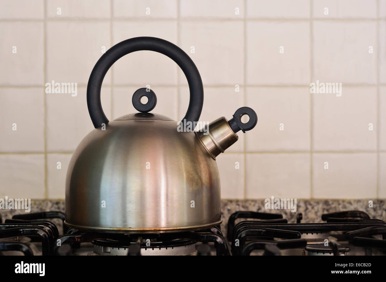 Kettle Boiling On A Gas Stove In The Kitchen. Focus On A Spout