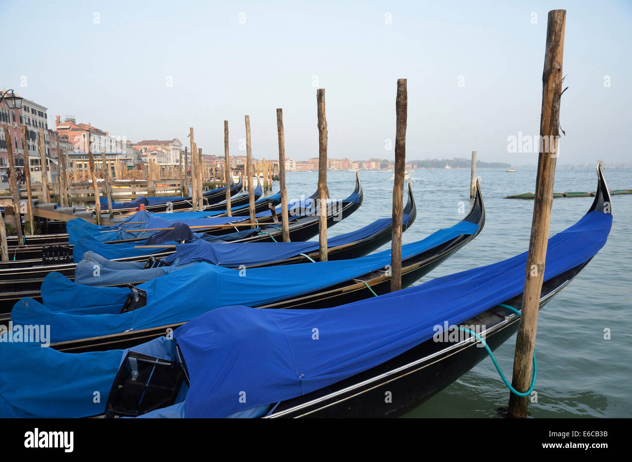 Row of empty moored gondolas, Venice, Italy, Europe in the early morning light Stock Photo