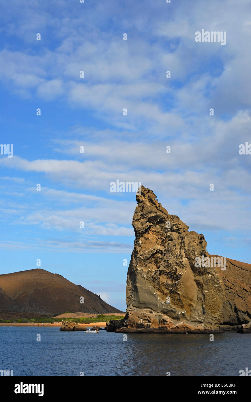 Pinnacle Rock viewed from sea, Bartolome Island, Galapagos Islands, Ecuador, South America Stock Photo