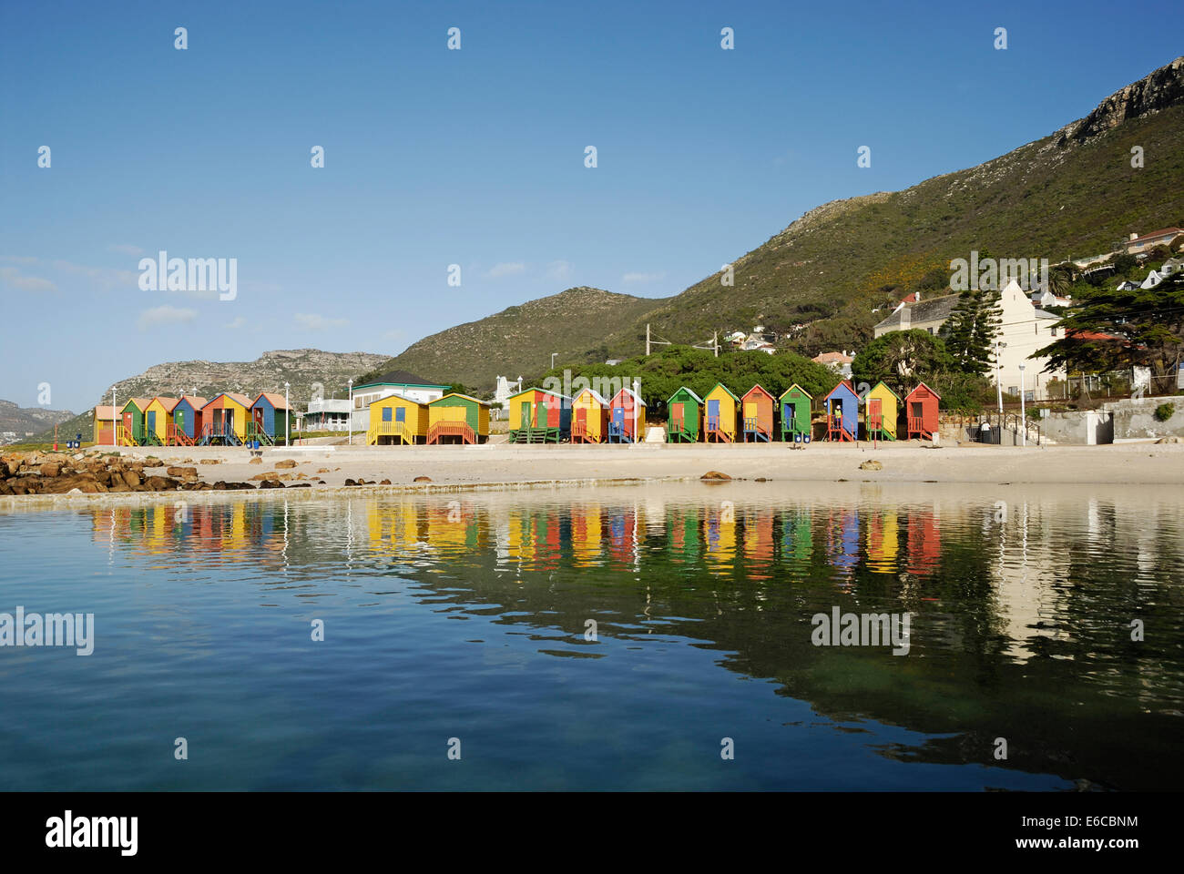 Multicoloured beach huts on St James beach, South Western Cape, South Africa Stock Photo