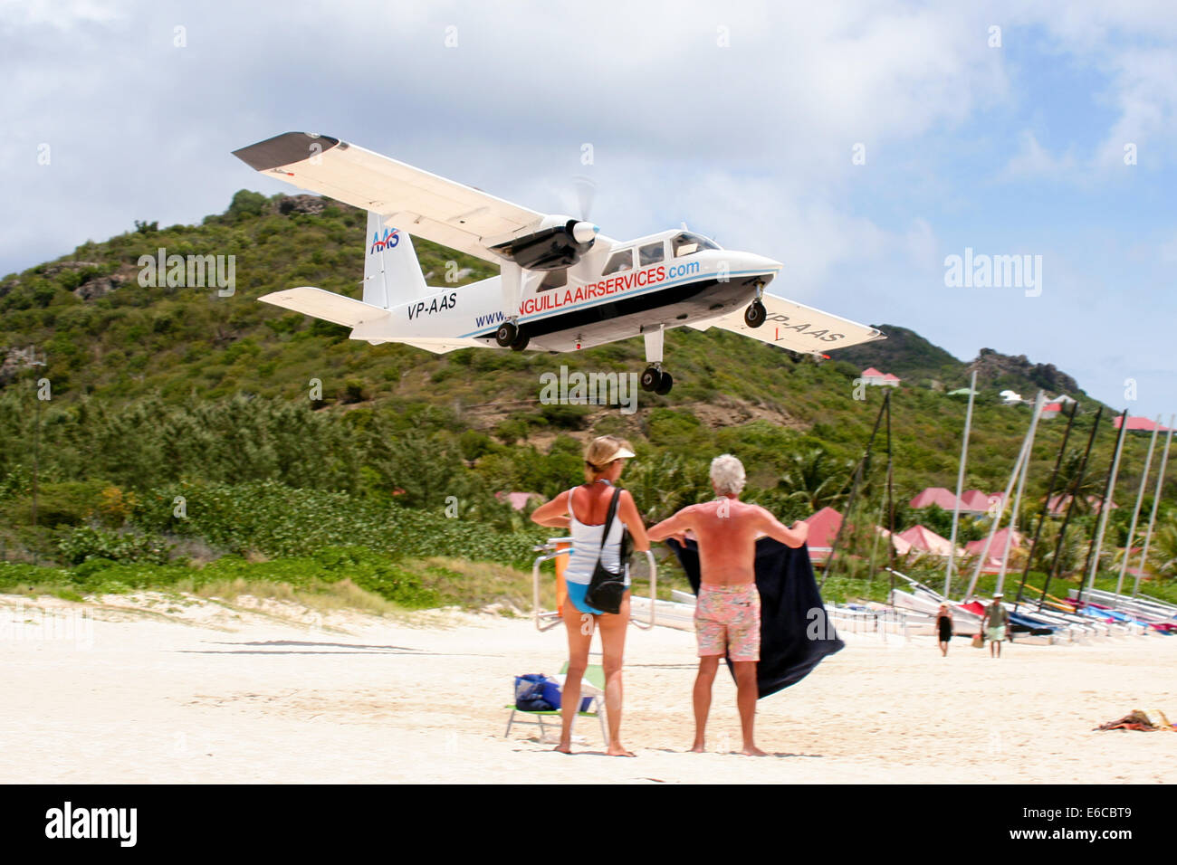 Anguilla Air Services Britten-Norman BN2 climbs away from St. Barth's. Stock Photo
