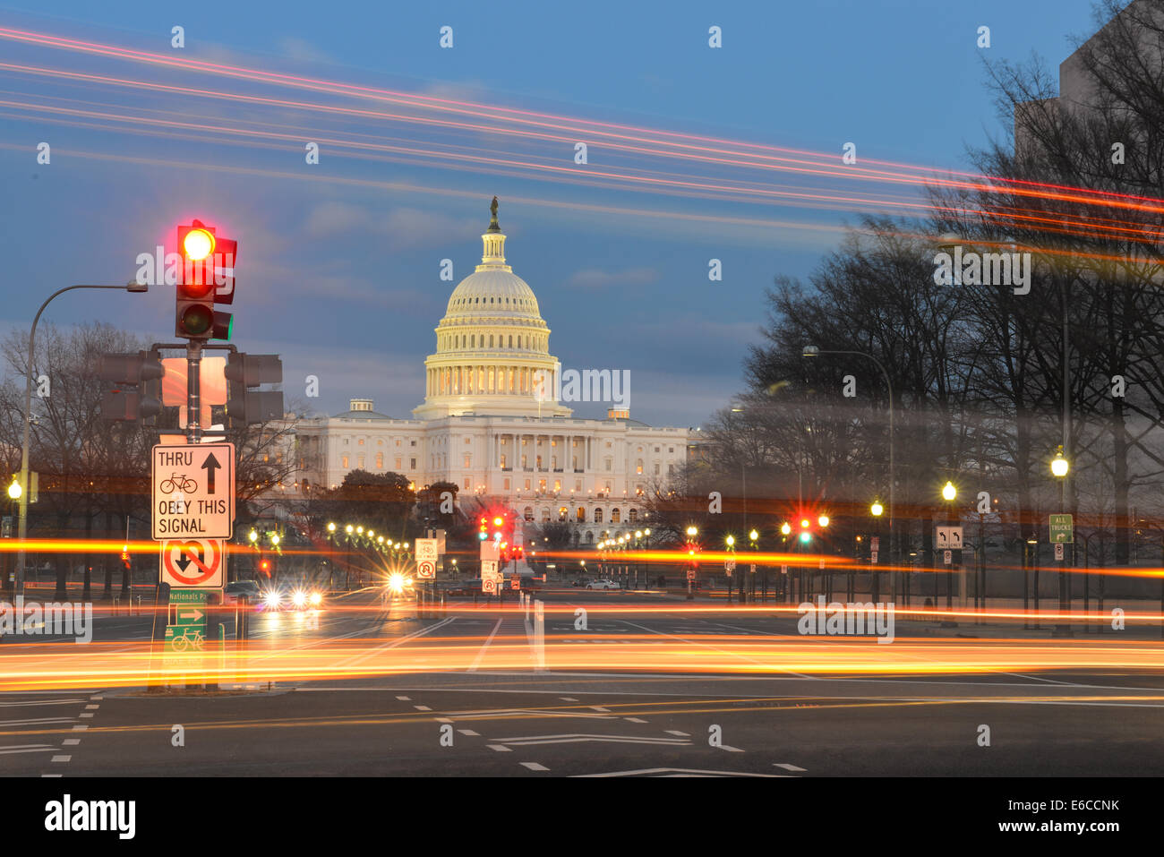 Washington DC in the night US Capitol Building with car lights trails
