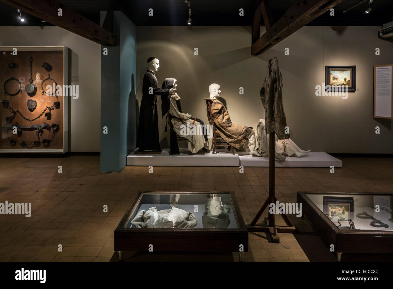 Manacles and straitjackets / straightjackets used to restrain psychiatric patients  in the Dr Guislain Museum, Ghent, Belgium Stock Photo