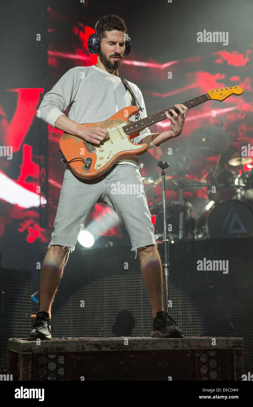 Aug. 18, 2014 - Holmdel, New Jersey, U.S - Guitarist BRAD DELSON of the band Linkin Park performs live at the PNC Bank Arts Center in Holmdel, New Jersey (Credit Image: © Daniel DeSlover/ZUMA Wire) Stock Photo