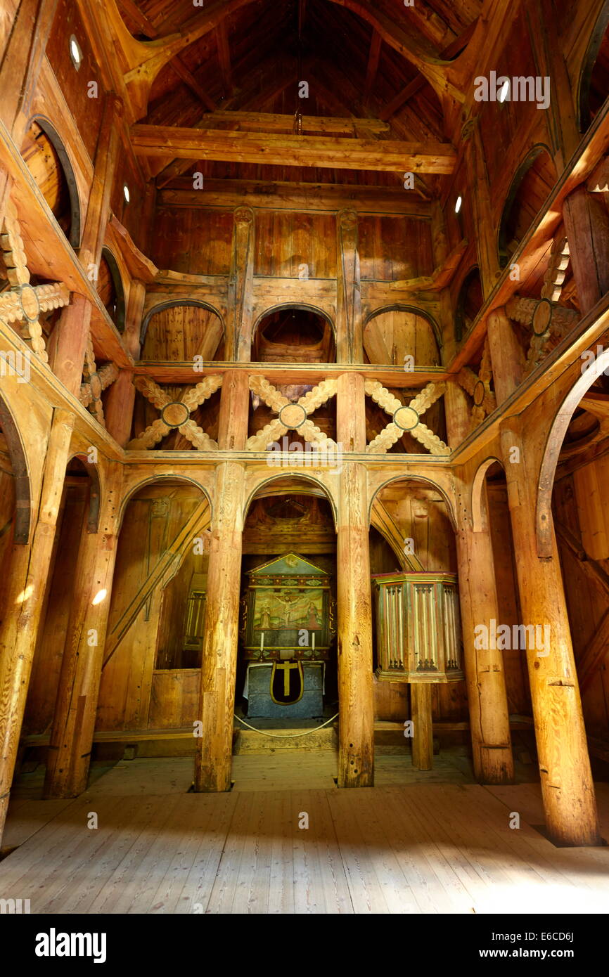 Interior of Borgund Stave Church, Sogn og Fjordane, Norway Stock Photo