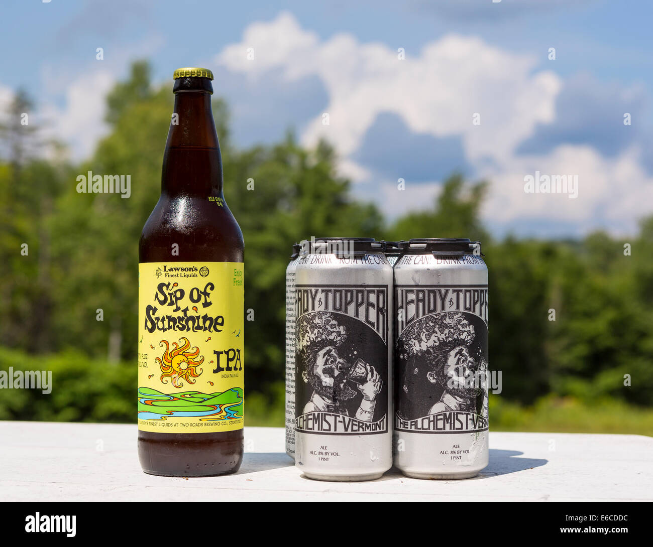 VERMONT, USA - Lawson's Sip of Sunshine, and Heady Topper, craft beers made in Vermont. Stock Photo