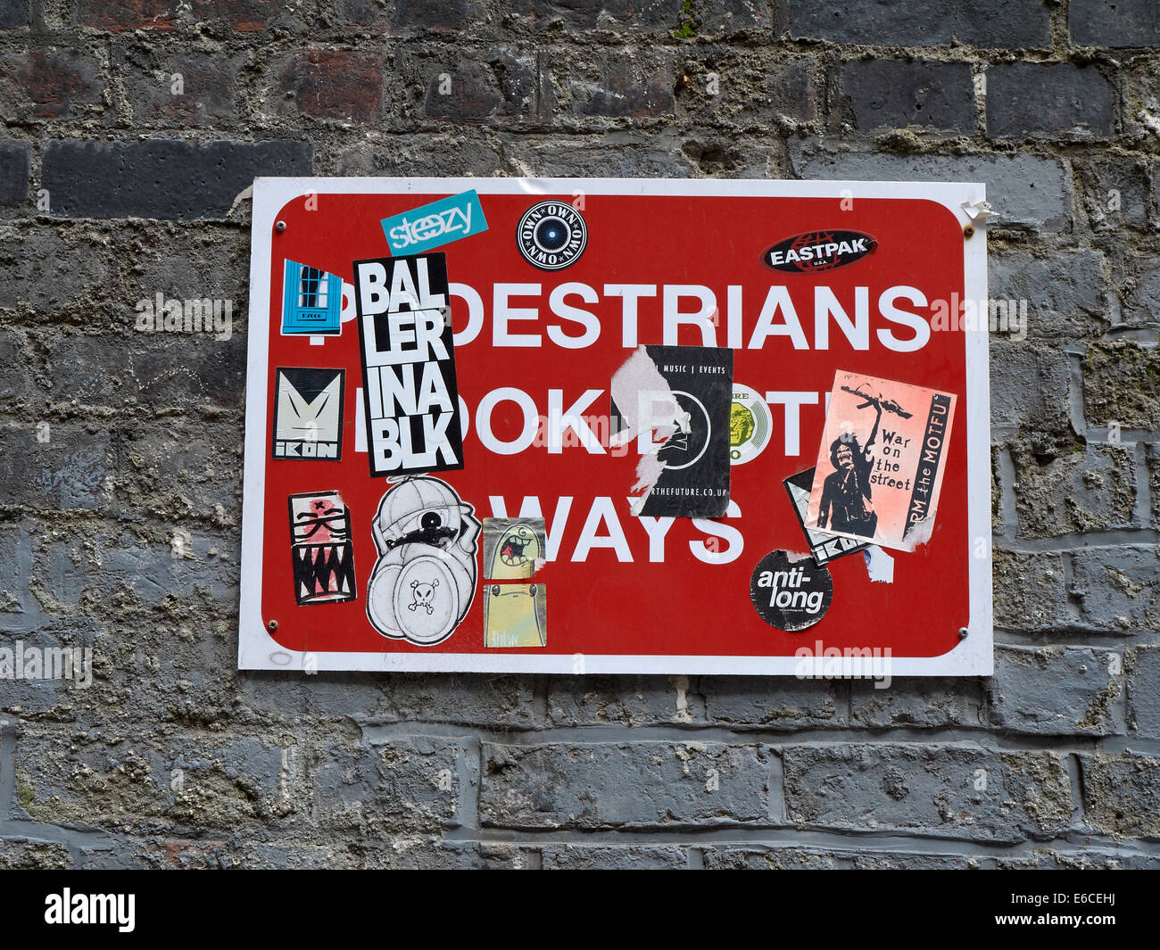 Unreadable look both ways sign in Manchester UK Stock Photo